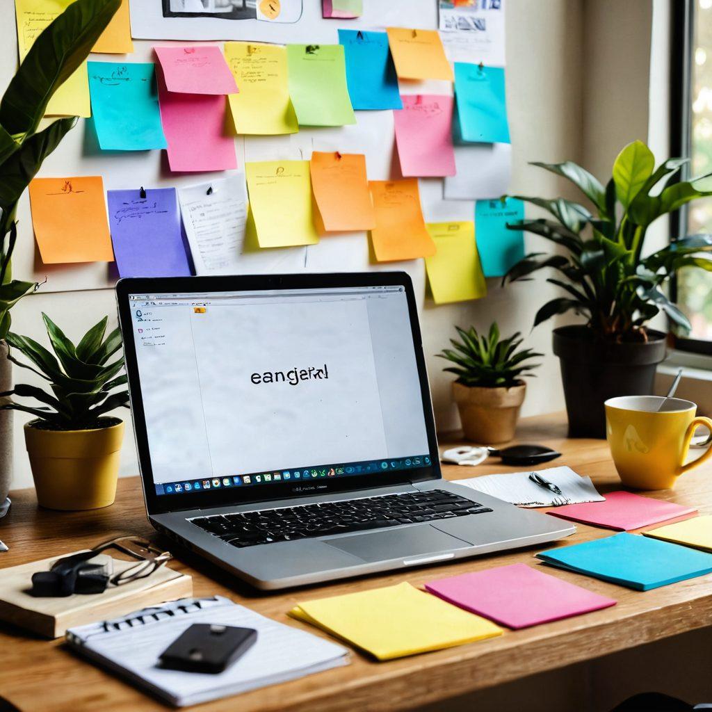 A bright and inviting workspace filled with vibrant stationery, an open laptop displaying a blog interface, colorful sticky notes scattered around, a steaming cup of coffee, and a lush indoor plant. The scene should exude creativity and inspiration, showcasing various tools for brainstorming content ideas, like sketches and mood boards. super-realistic. vibrant colors. warm lighting.