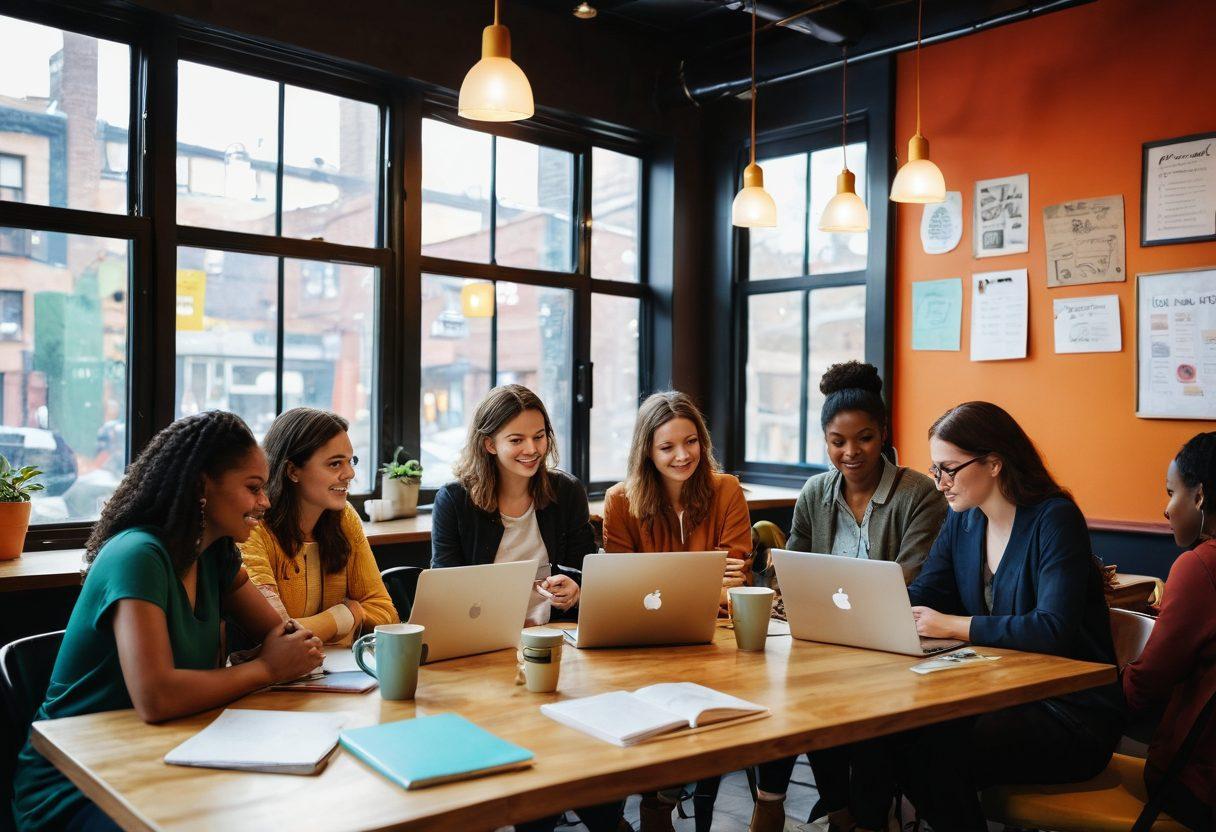 A diverse group of bloggers passionately sharing ideas in a cozy, modern café setting, surrounded by colorful notebooks, laptops, and steaming coffee cups. The warm atmosphere radiates creativity and connection, emphasizing diverse voices coming together in harmony. Brightly colored posters of inspirational quotes are on the walls, while soft, natural light pours in through large windows. super-realistic. vibrant colors. warm tones.